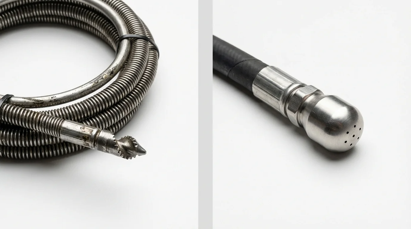 Drain snake cable and hydro jetting nozzle used for drain cleaning in Quinlan, TX