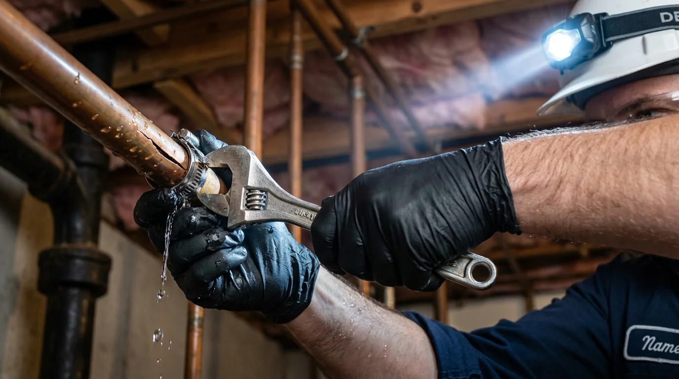 Emergency pipe clamp repair being performed by a Johns Plumbing LLC plumber in Quinlan