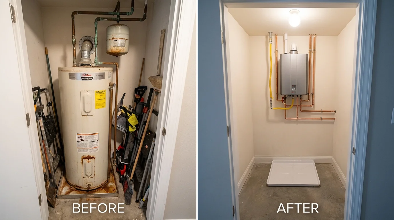 Tank water heater versus wall-mounted tankless unit comparison for Quinlan, TX homeowners
