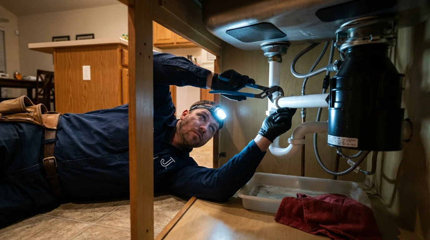 P-trap and supply line connections under a kitchen sink showing a common leak point in Quinlan, TX